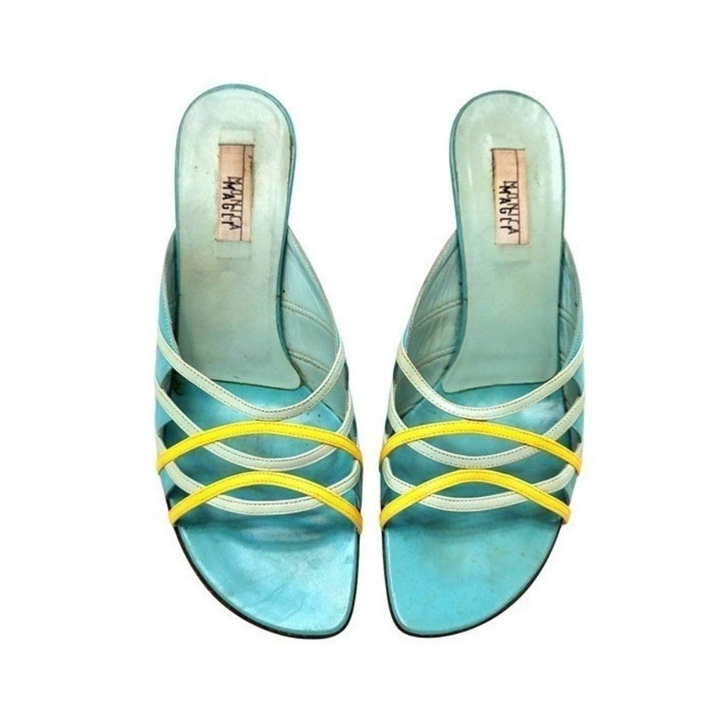 Monica Magli Y2K VTG Teal Turquoise Yellow Strappy Sexy Mule Sandal Heels  7.5